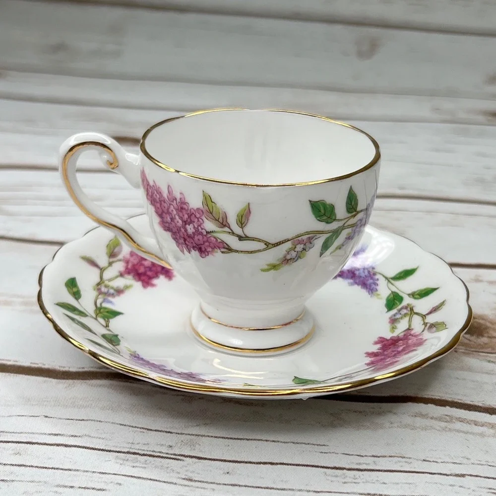 Tuscan Tea Cup and Saucer Lilac Time White Purple Floral Gold Trim Vintage Set